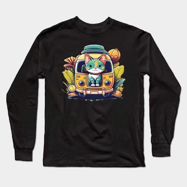 The Travelling Cats - Colorful Cat Travel In The World Long Sleeve T-Shirt by Johnathan Allen Wilson